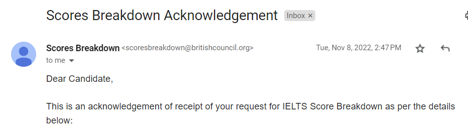 Email xác nhận từ British Council đã nhận được yêu cầu xin điểm
